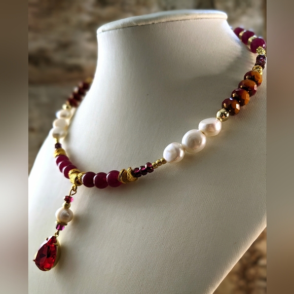 Red Rose Jade & Czech Picasso Beads And Pearl W/ Swarovski Pendant Necklace - Picture 5 of 10